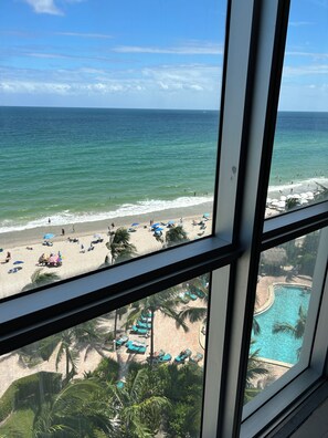 A beach view from a window, including a swimming pool and palm trees.