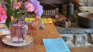 Ein Steinkamin mit Feuer, eine Vase mit Blumen und ein Tisch mit Karte und Buch.