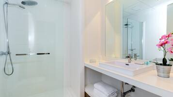 Regadera, secadora de cabello, toallas