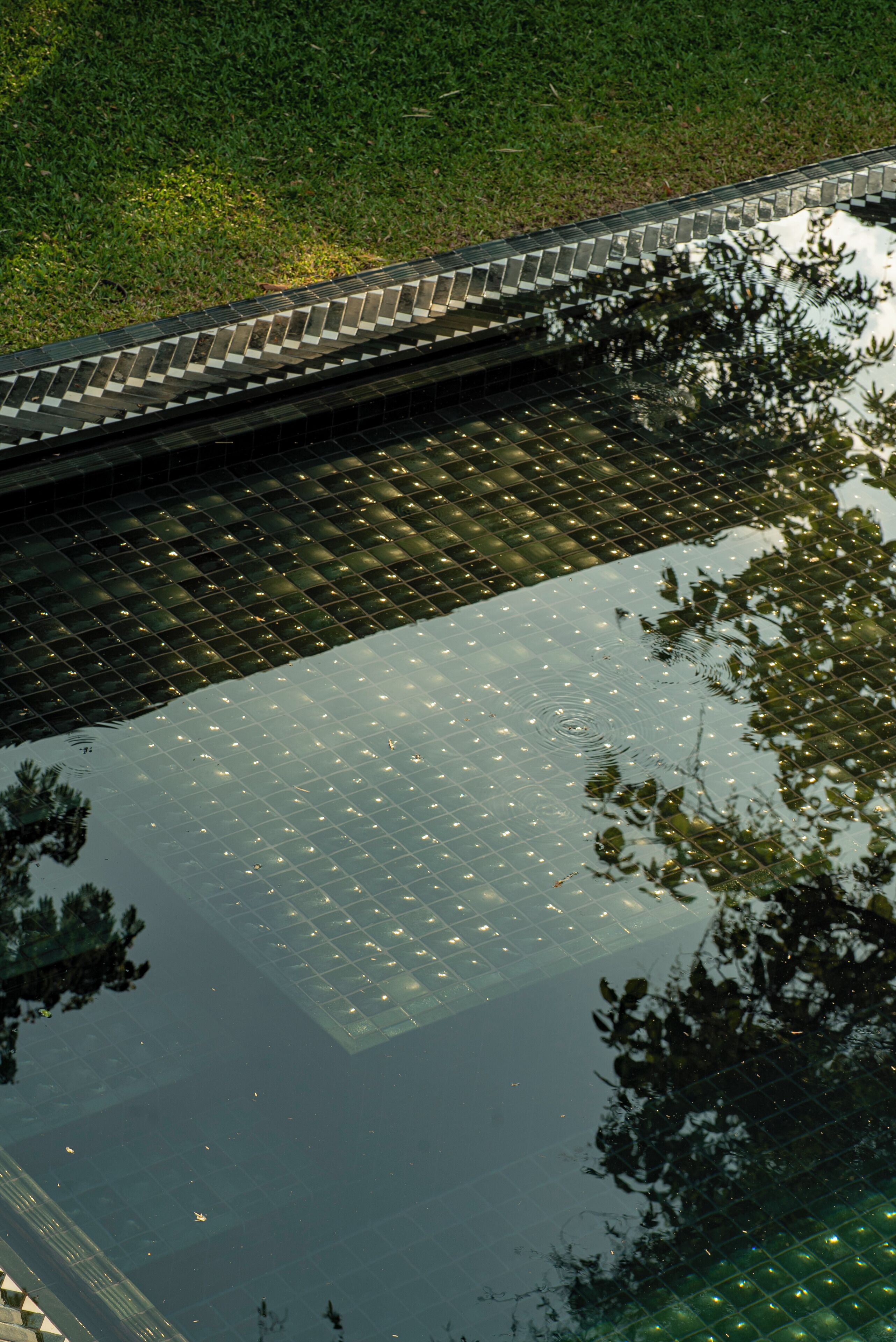 A reflective water surface with a patterned edge, surrounded by greenery and a paved walkway.
