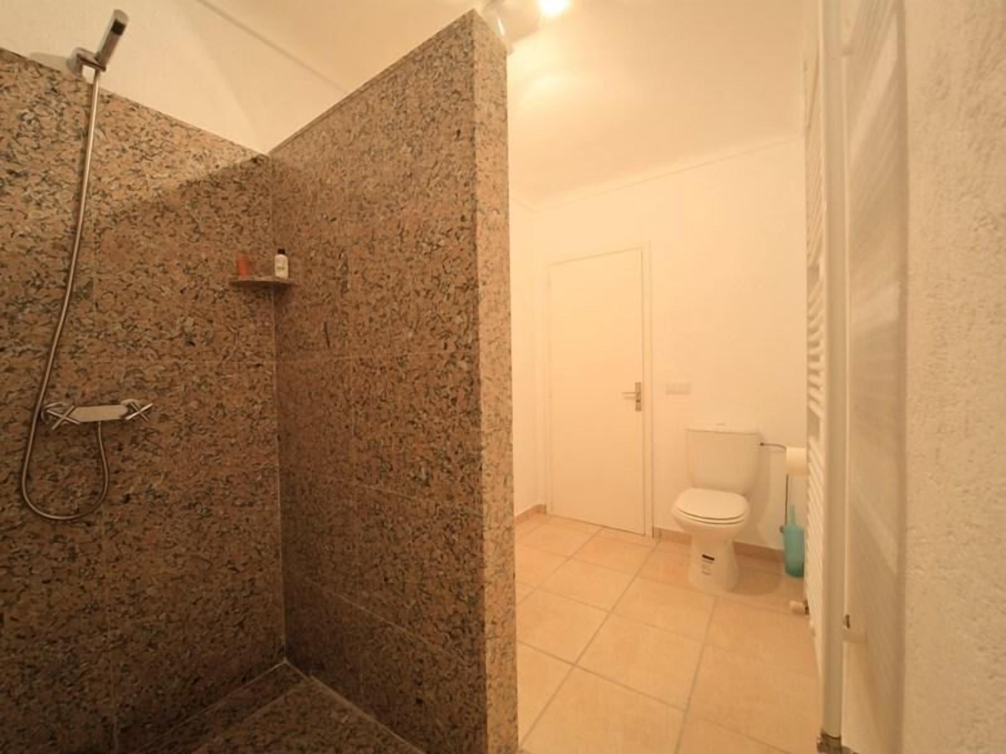 A bathroom with a shower, toilet, and a white door.