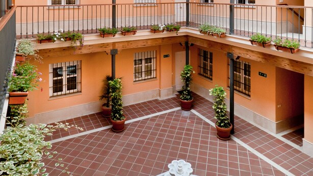 Un patio de varios niveles con plantas en macetas y una fuente central.