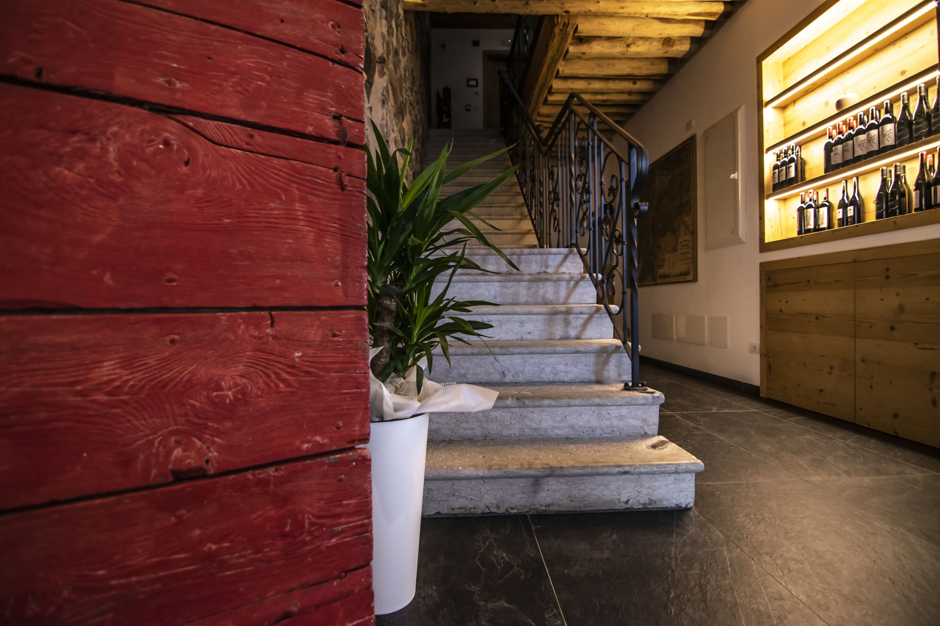 Eine Treppe mit einem Blumentopf, Holzwänden und einem Weinkühlschrank.