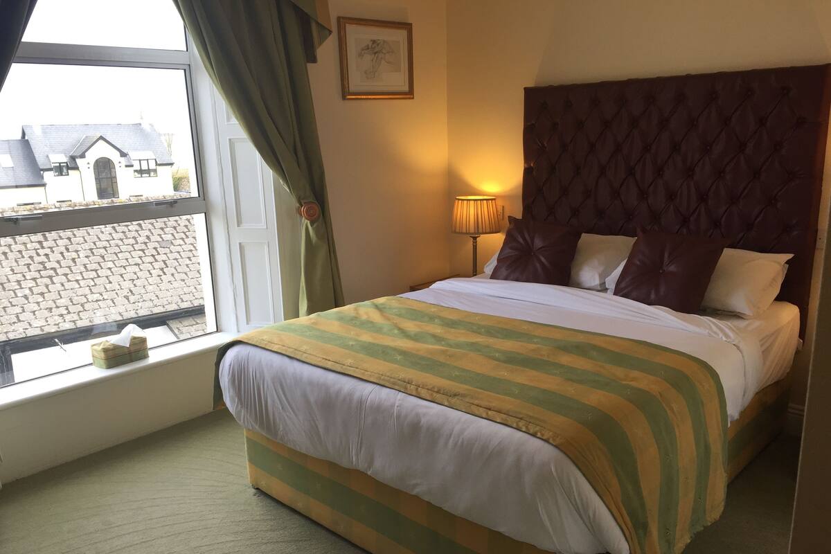 A hotel room with a large bed, a window with curtains, a bedside lamp, and a view of buildings outside.