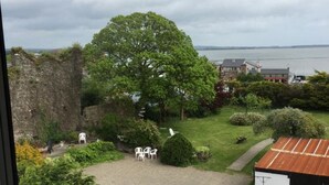 A view from a window of a courtyard with a large tree, a gravel area, and a building with a metal roof. - Faythe Guesthouse (Wexford)