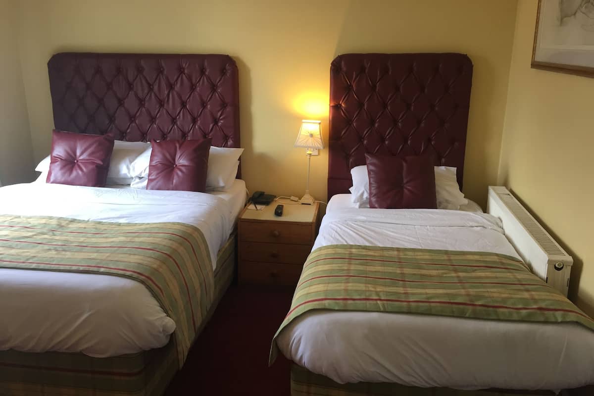 Two twin beds with tufted headboards, a bedside table with a lamp, and a radiator.