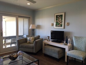 TV, DVD player, books, stereo