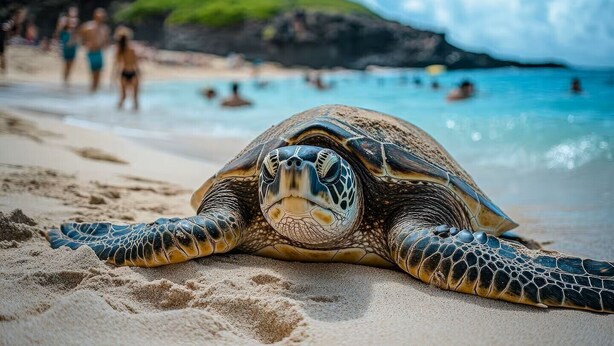A sea turtle on a sandy beach with people in the background.
