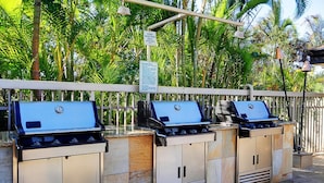 A row of outdoor barbecue grills with a stone wall and palm trees in the background.