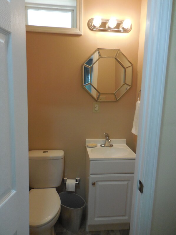 A bathroom with a toilet, sink, and mirror.