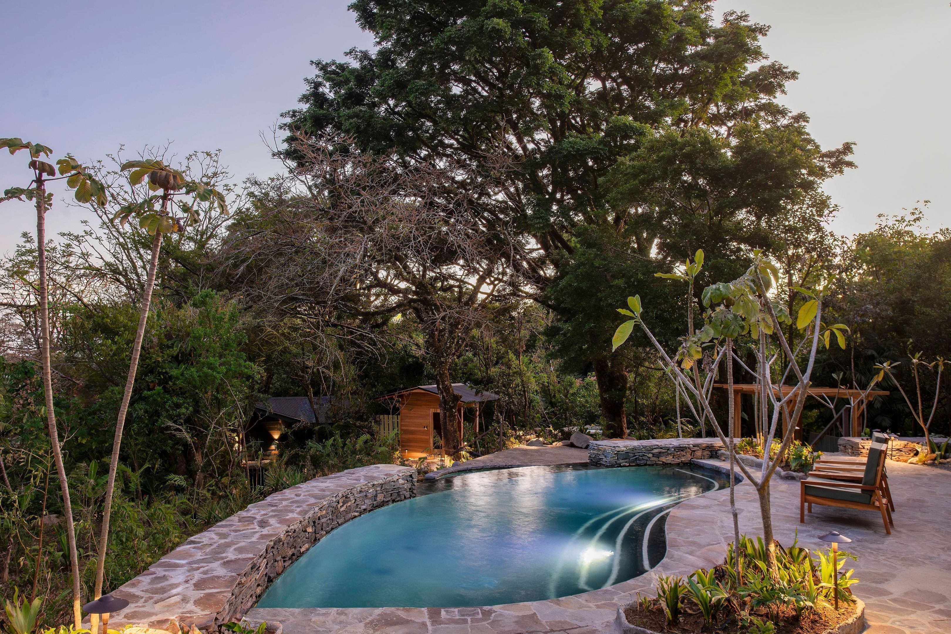 A swimming pool with stone edging, surrounded by lush greenery and a wooden deck.