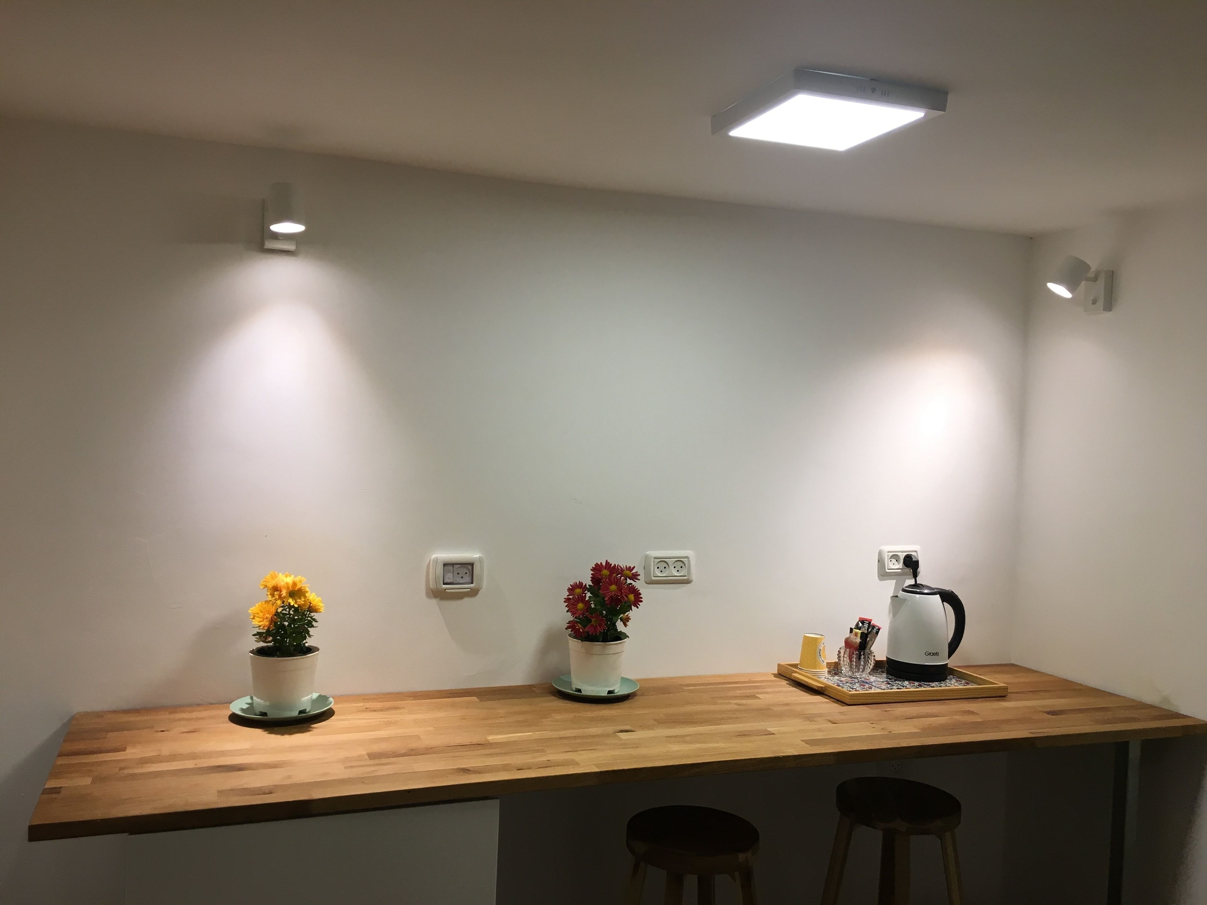 A wooden bar counter with two potted plants, a kettle, and a tray with condiments.