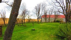 Ländliche Landschaft mit einer Wiese, einem Holenzaun, kahl stehenden Bäumen und einem Gebäude mit rotem Dach.