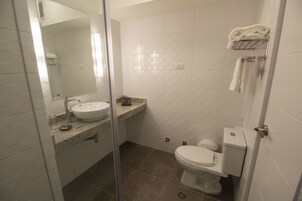 Un baño con lavamanos, espejo, inodoro y toallero.