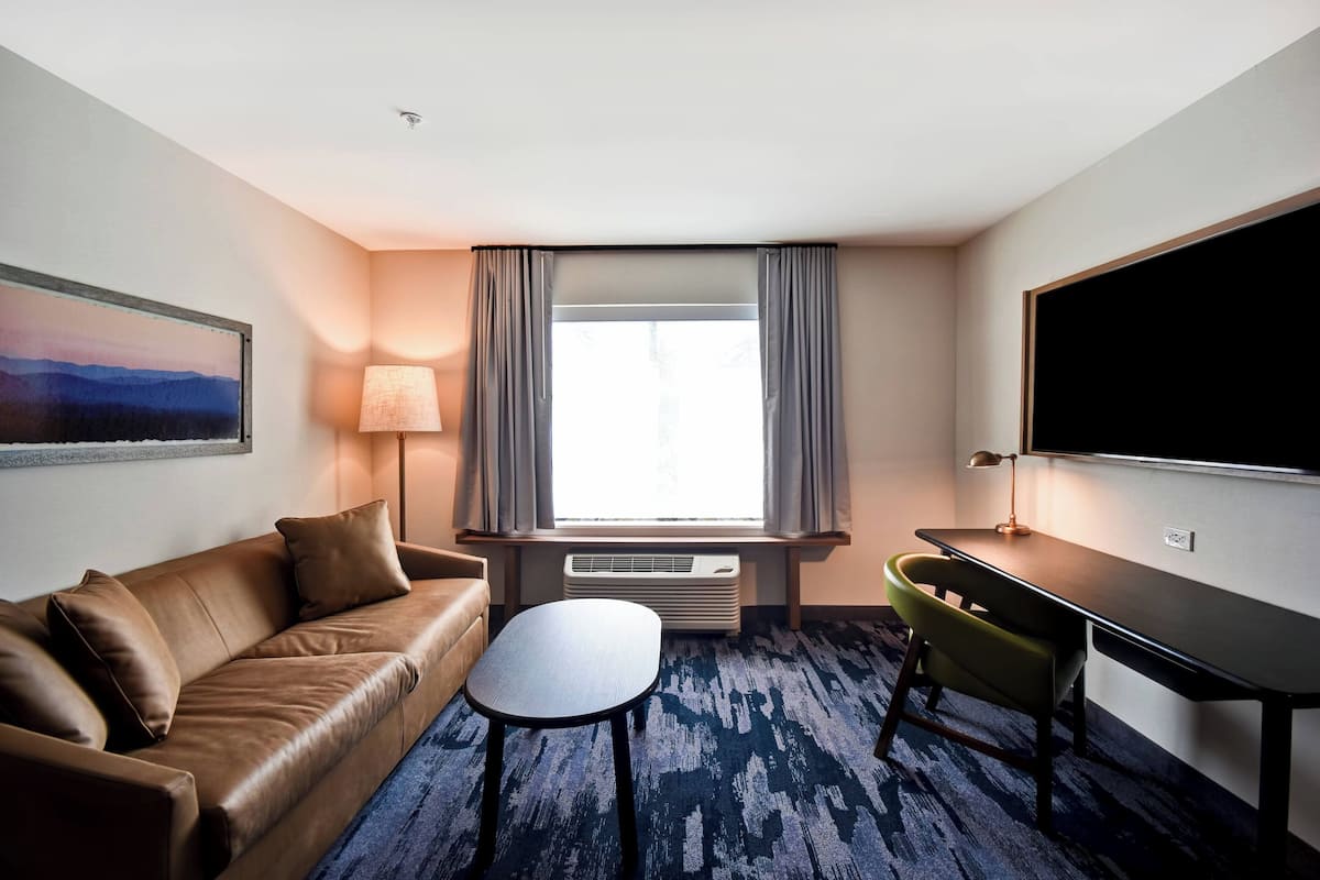 A hotel room with a brown leather sofa, a small round table, a green armchair, a large flat-screen TV, and a window with curtains.