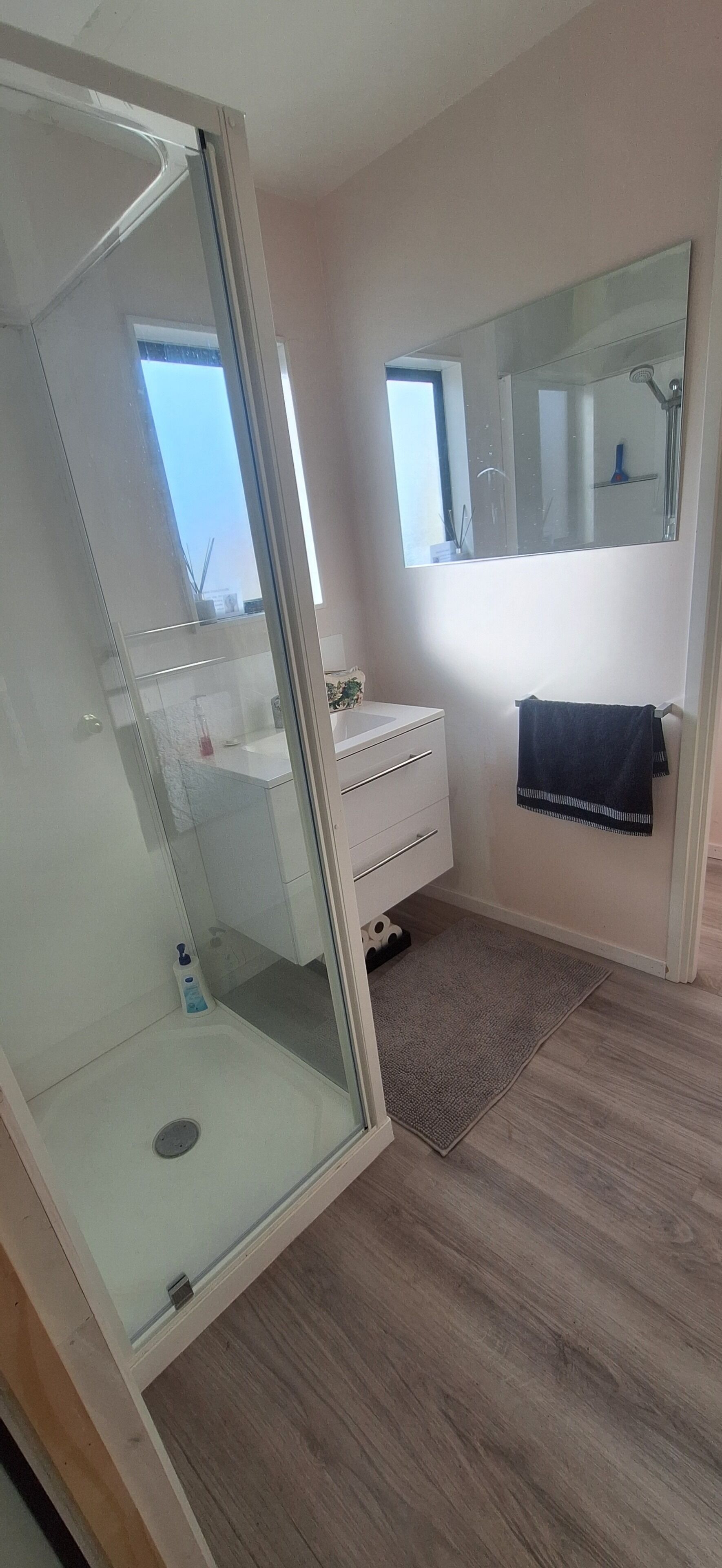 Shower, hair dryer, soap, shampoo