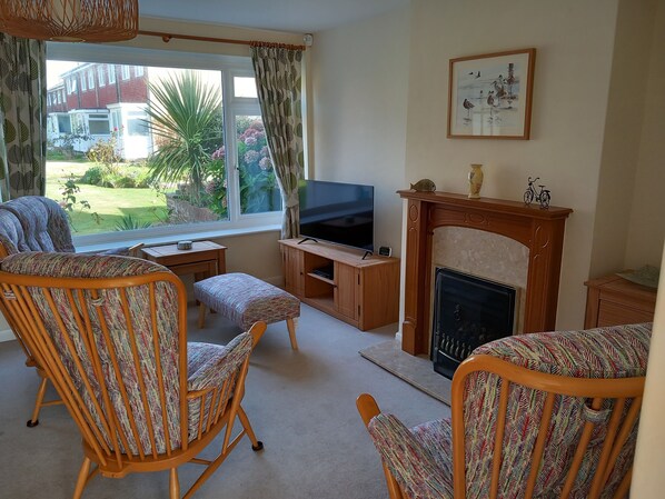 Smart TV, fireplace, DVD player, books