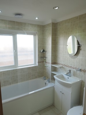Combined shower/bathtub, hair dryer, towels, toilet paper