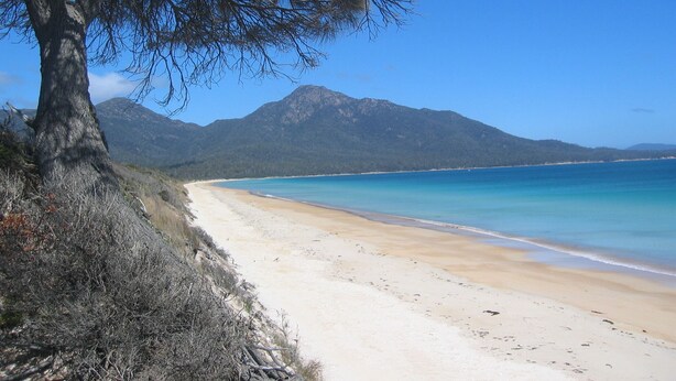 Une plage aux eaux turquoise et limpides, un rivage sablonneux et une montagne en arrière-plan.