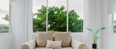 A beige sofa with two cushions, a potted plant, and a window with curtains.