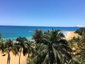 On the beach, sun-loungers, beach towels