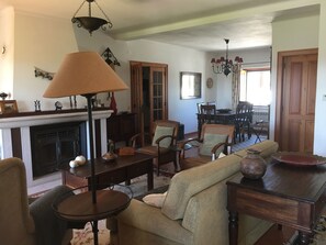 Smart-tv, een open haard, een dvd-speler en boeken