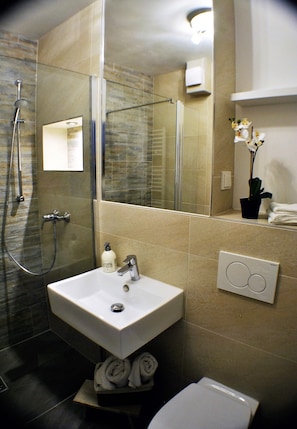 Dusche, Haartrockner, Handtücher, Seife