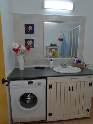 Shower, hair dryer, towels, soap