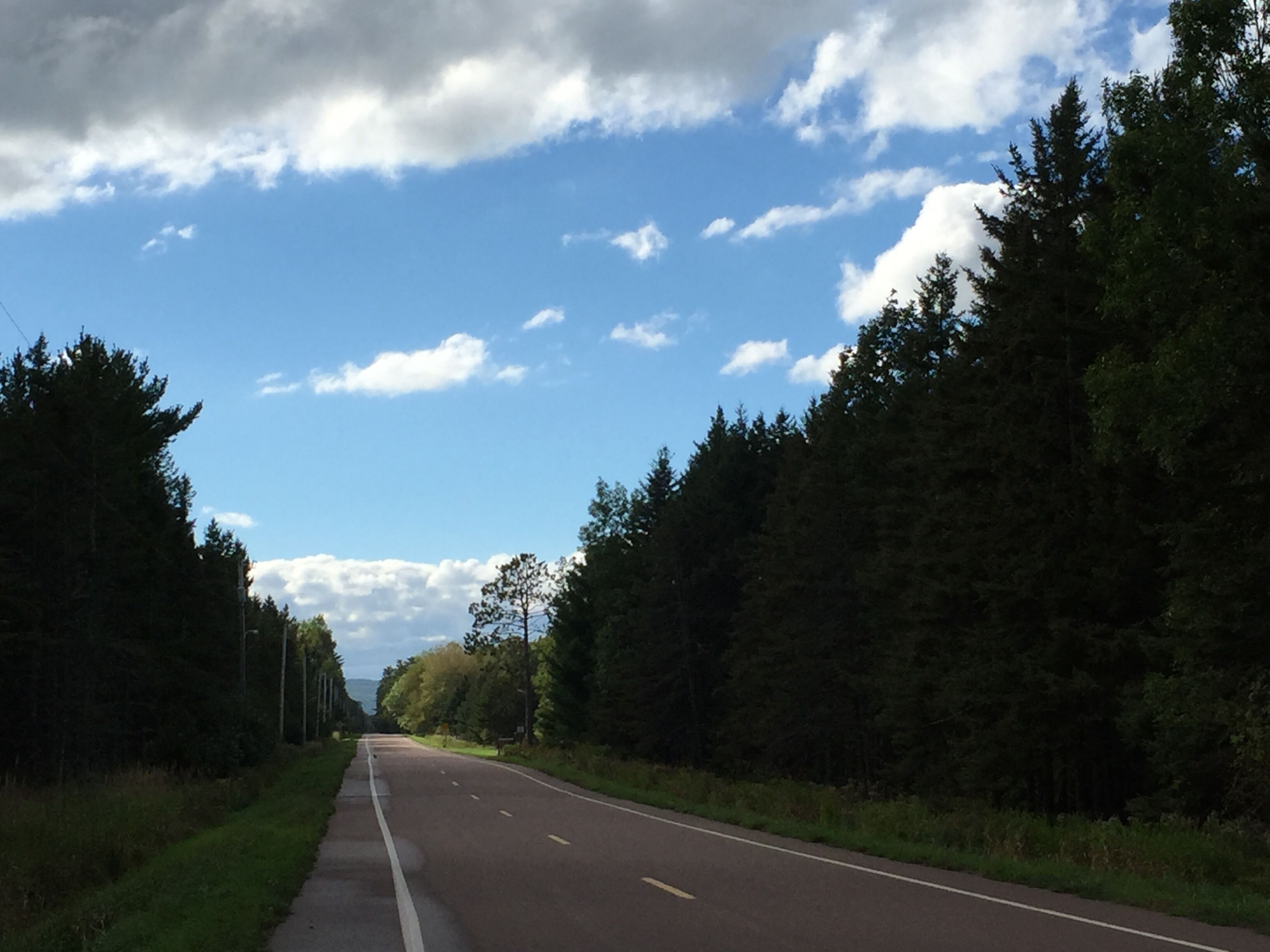 A road flanked by dense forests under a partly cloudy sky.