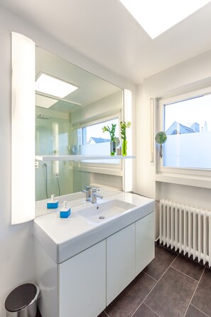 Shower, hair dryer, towels, soap