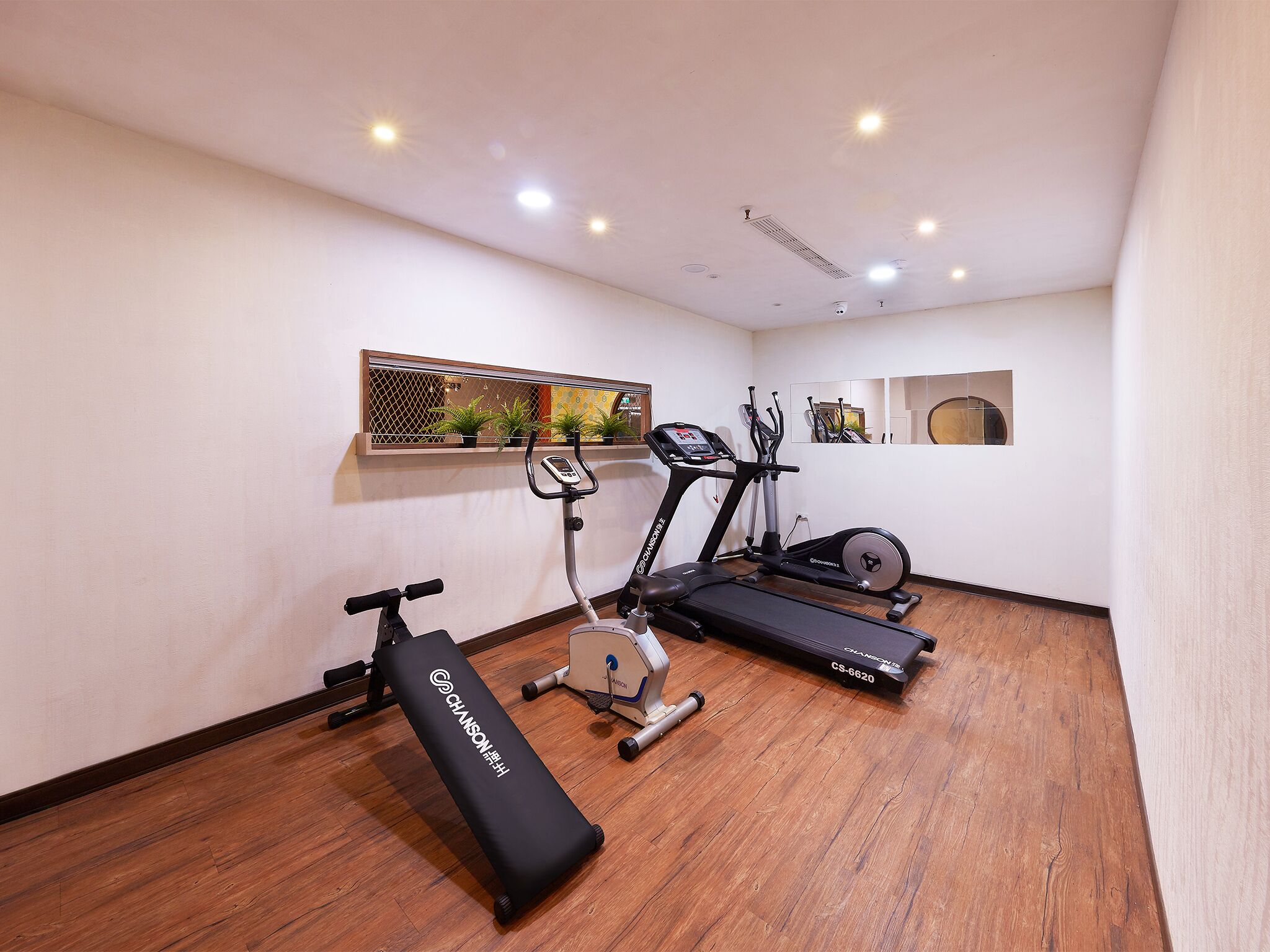 A home gym with a treadmill, elliptical, and stationary bike.