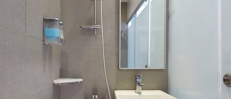 A modern bathroom with a shower, a sink, and a mirror.
