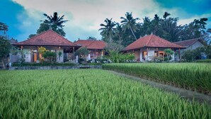 A row of traditional-style villas with tiled roofs, surrounded by lush green rice fields and palm trees under a partly cloudy sky. - Bali style villa 5 minutes from ubud center! (Ubud)