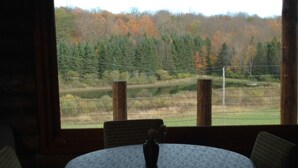 Une table ronde, ornée d’un vase au centre, est entourée de chaises dans une pièce dotée d’une grande fenêtre donnant sur un paysage boisé.