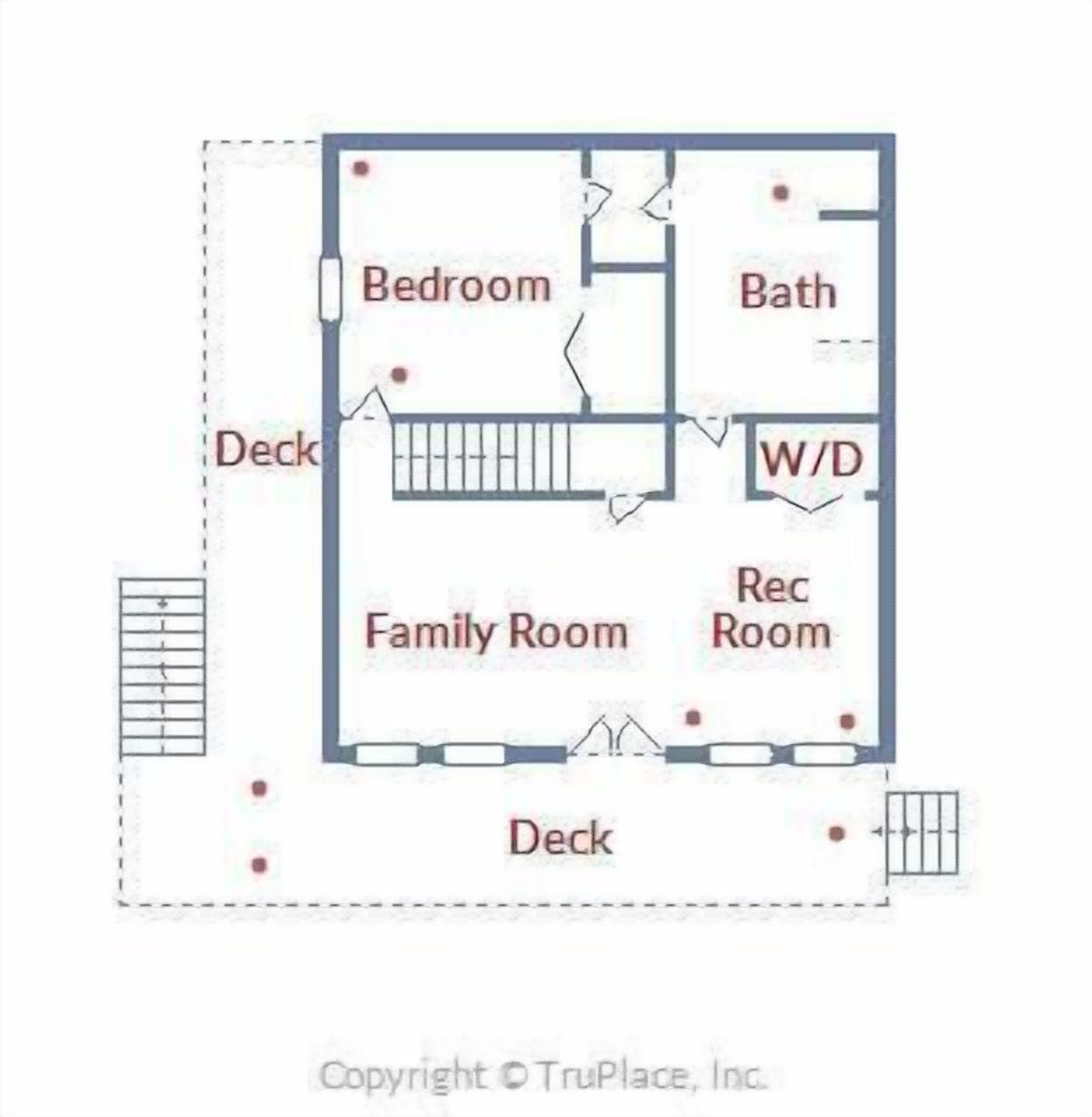 A floor plan with a bedroom, bathroom, family room, and rec room.