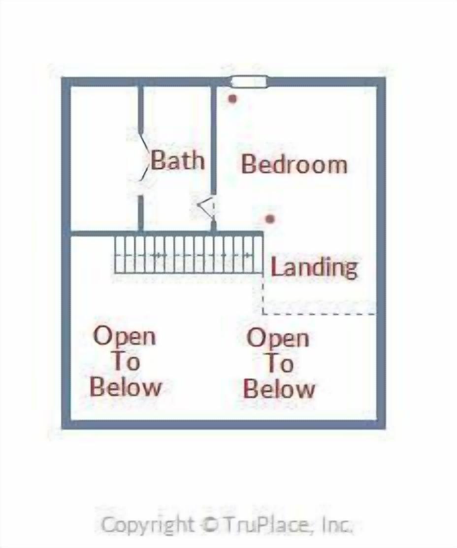 A floor plan with a bedroom, bathroom, and landing area. There are two open-to-below entries.