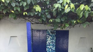 Un espace de douche aux carreaux bleus, agrémenté d’un bac à plantes blanc et d’une plante en pot.