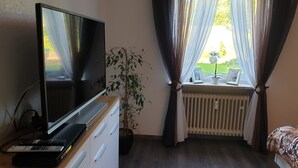 Une chambre avec un téléviseur posé sur un meuble en bois, une plante en pot, une fenêtre avec des rideaux, un radiateur et un lit recouvert d’une couverture à motifs.