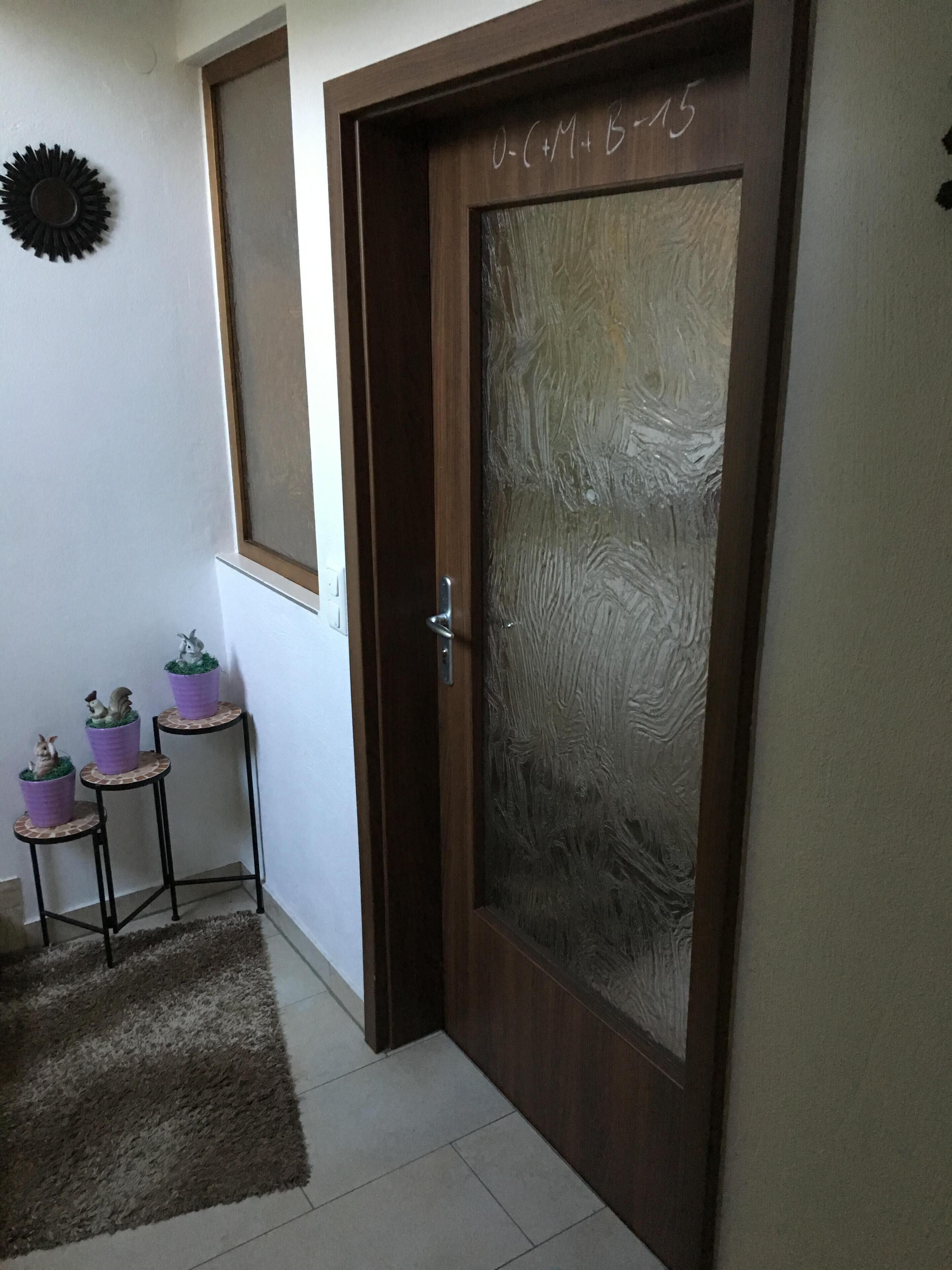 A wooden door with frosted glass, a small table with potted plants, and a rug on the floor.
