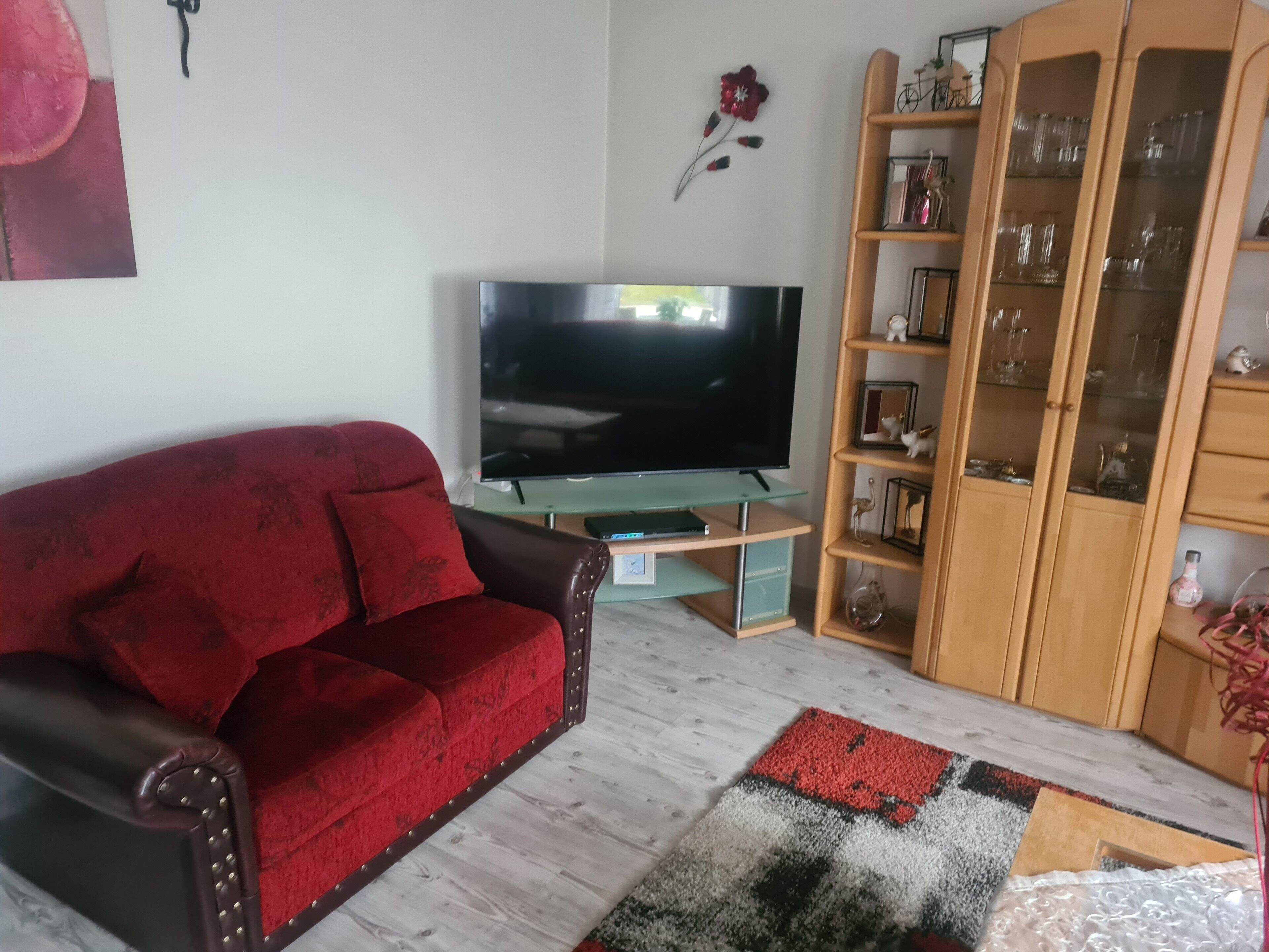 Ein Wohnzimmer mit einem roten Sofa, einem Flachbildfernseher, einer Holzkassette mit Glastüren und einem gemusterten Teppich.