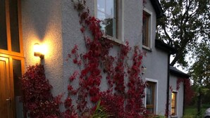 A house with ivy on the walls, a gravel driveway, and two metal chairs and a table in the foreground. - The Vandees (Craigavon)