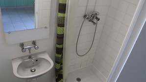 Ein Badezimmer mit einem weißen Waschbecken, einem Spiegel, einer Dusche inklusive Duschbrause und einer Toilette.