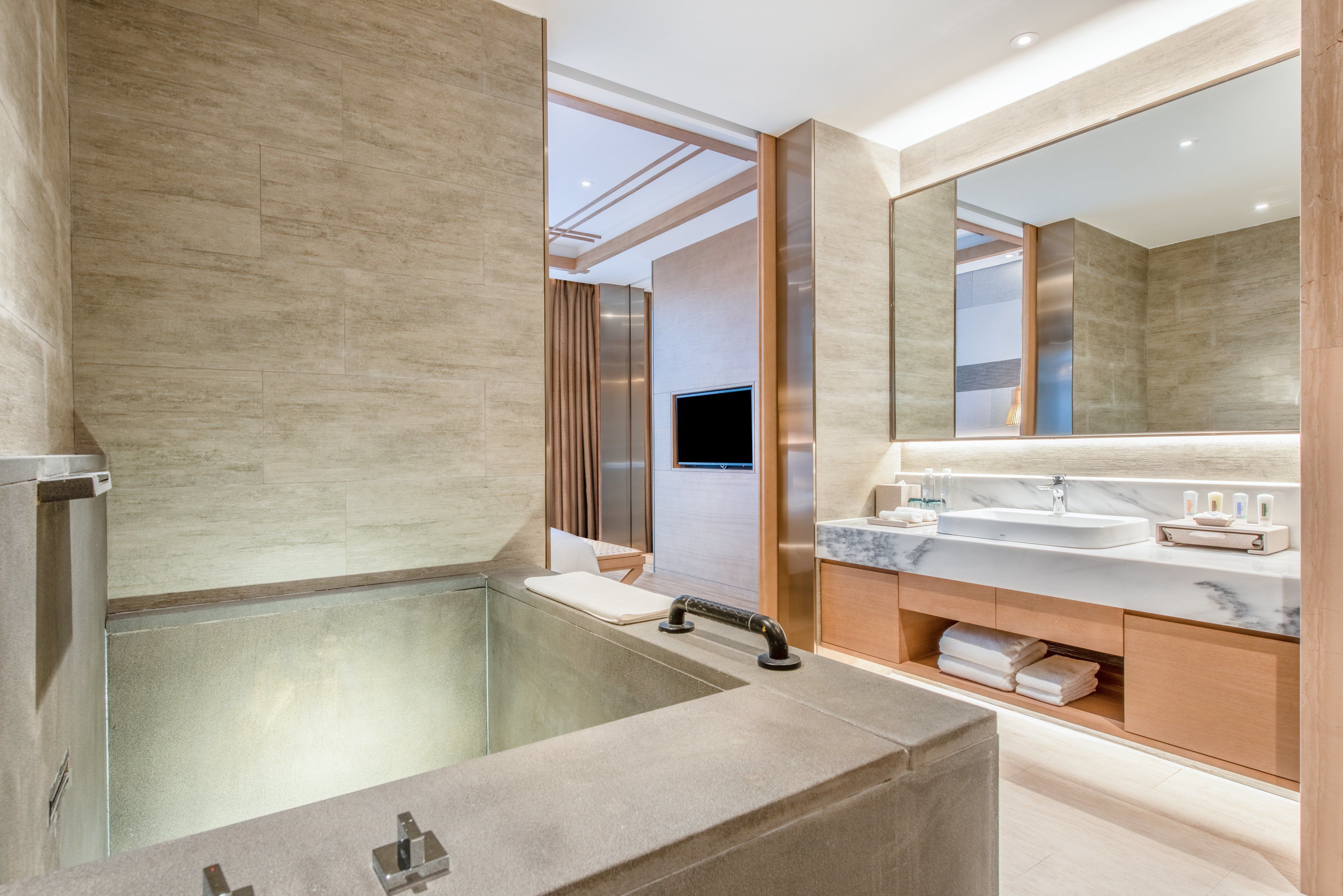 A modern bathroom with a large bathtub, a vanity with a mirror, and a television mounted on the wall.