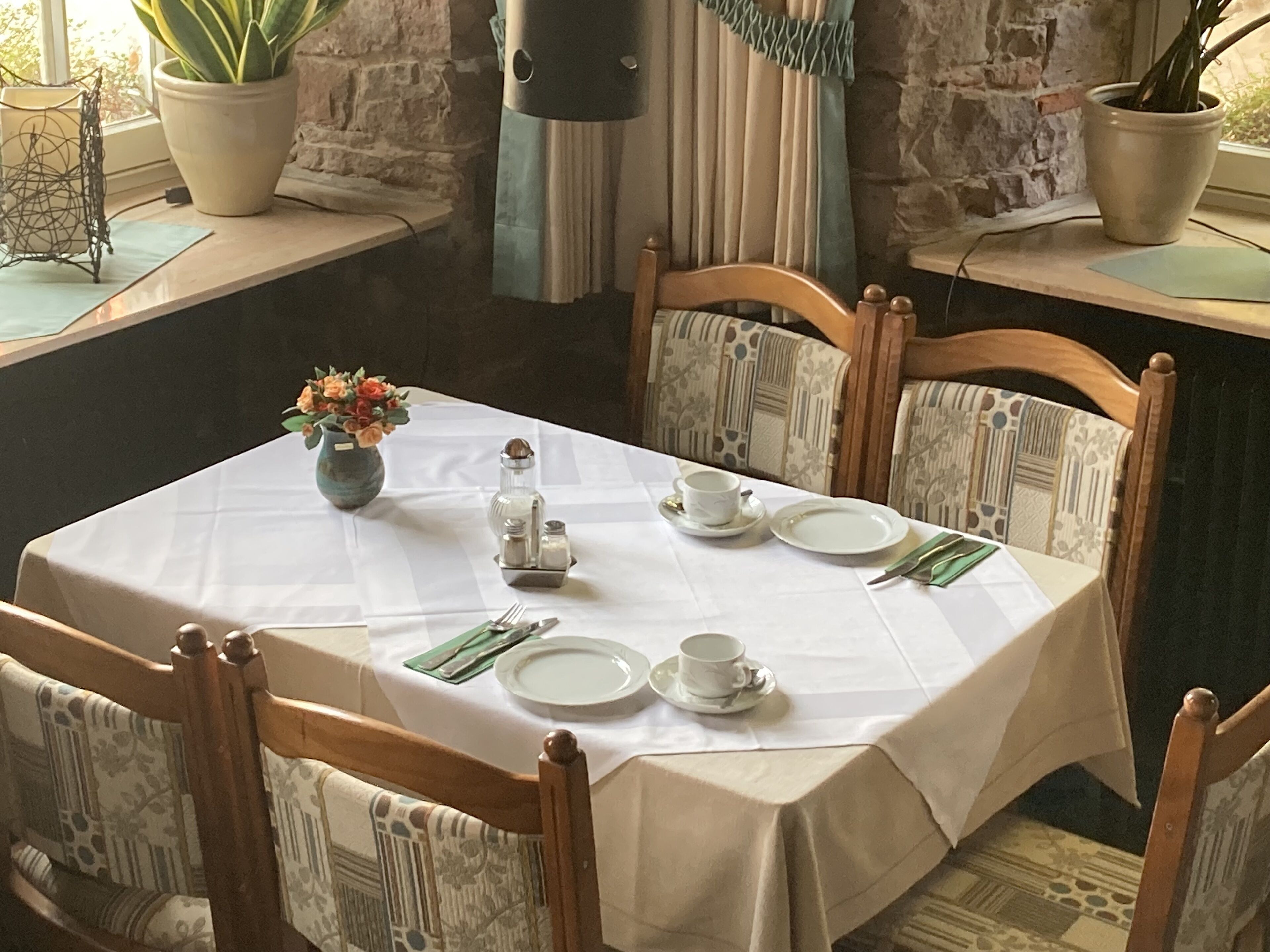Ein Esstisch ist gedeckt mit Tellern, Tassen und einer Blumenvase, umgeben von stuhlförmigen Sitzgelegenheiten mit Muster in einem Raum mit Steinwänden und Topfpflanzen.