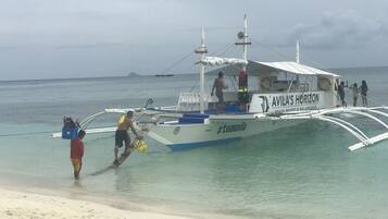 A boat named "AVILA'S HORIZON" docked at a beach.