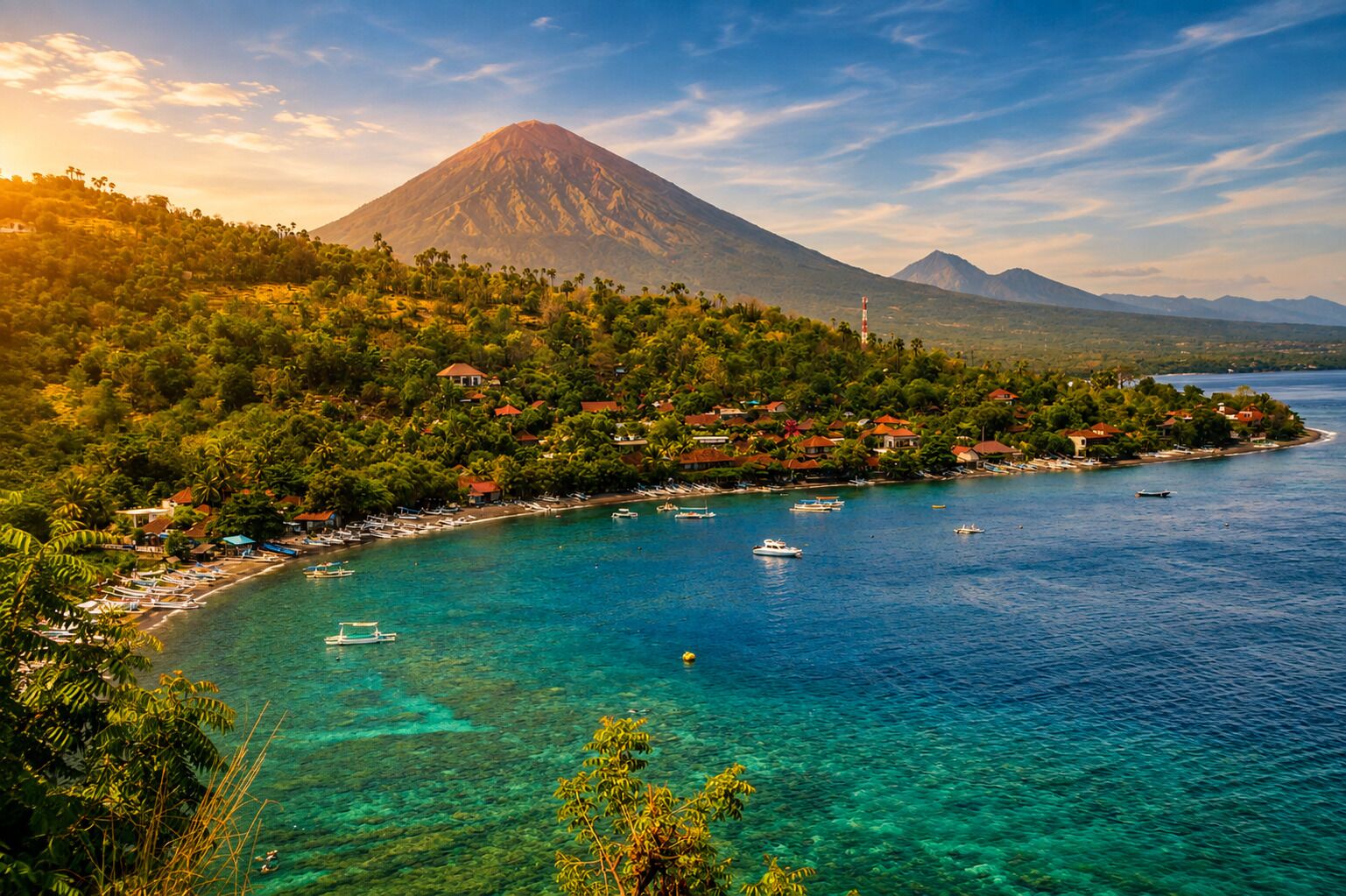 Una zona costera con aguas turquesas cristalinas, una montaña al fondo y un pequeño poblado con casas y barcos.