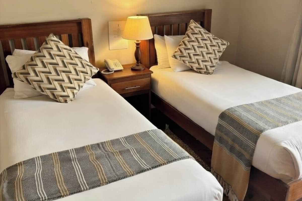 Ein Hotelzimmer mit zwei Betten, jedes mit einem gemusterten Kissen und einem Nachttisch mit einer Lampe.