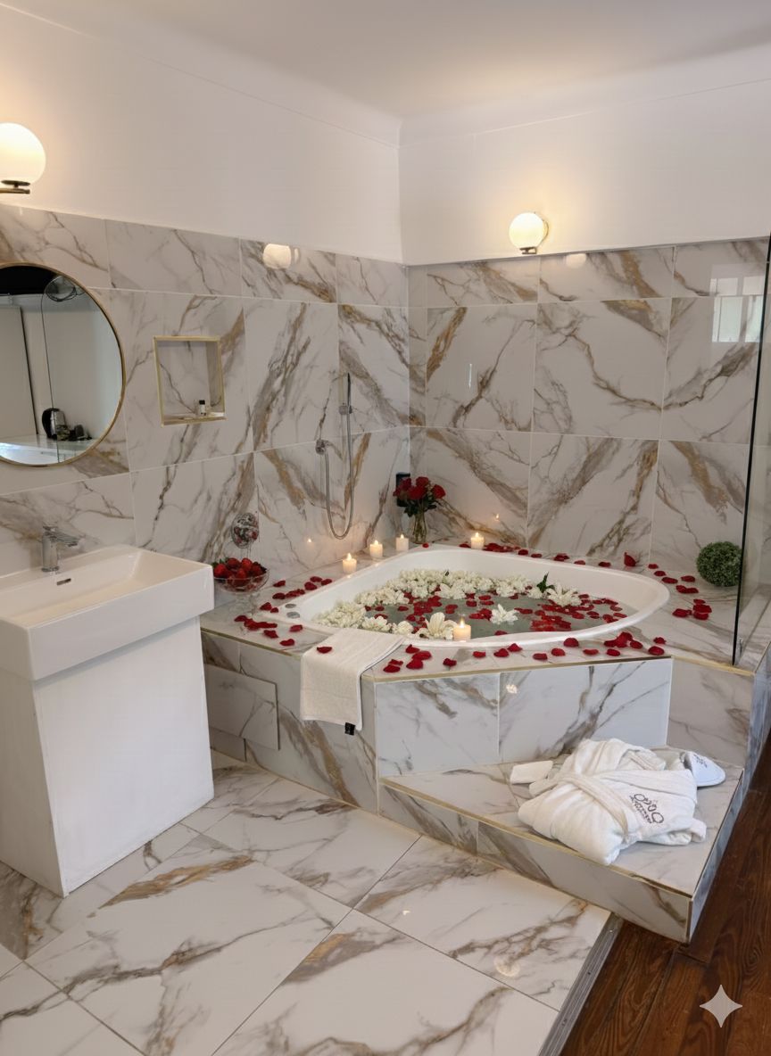 Un baño con pared de mármol, un espejo redondo, un lavamanos, una bañera con pétalos de rosa y velas.