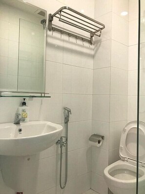 A small, modern bathroom with a white sink, a glass shower enclosure, a toilet, and a mirror above the sink.