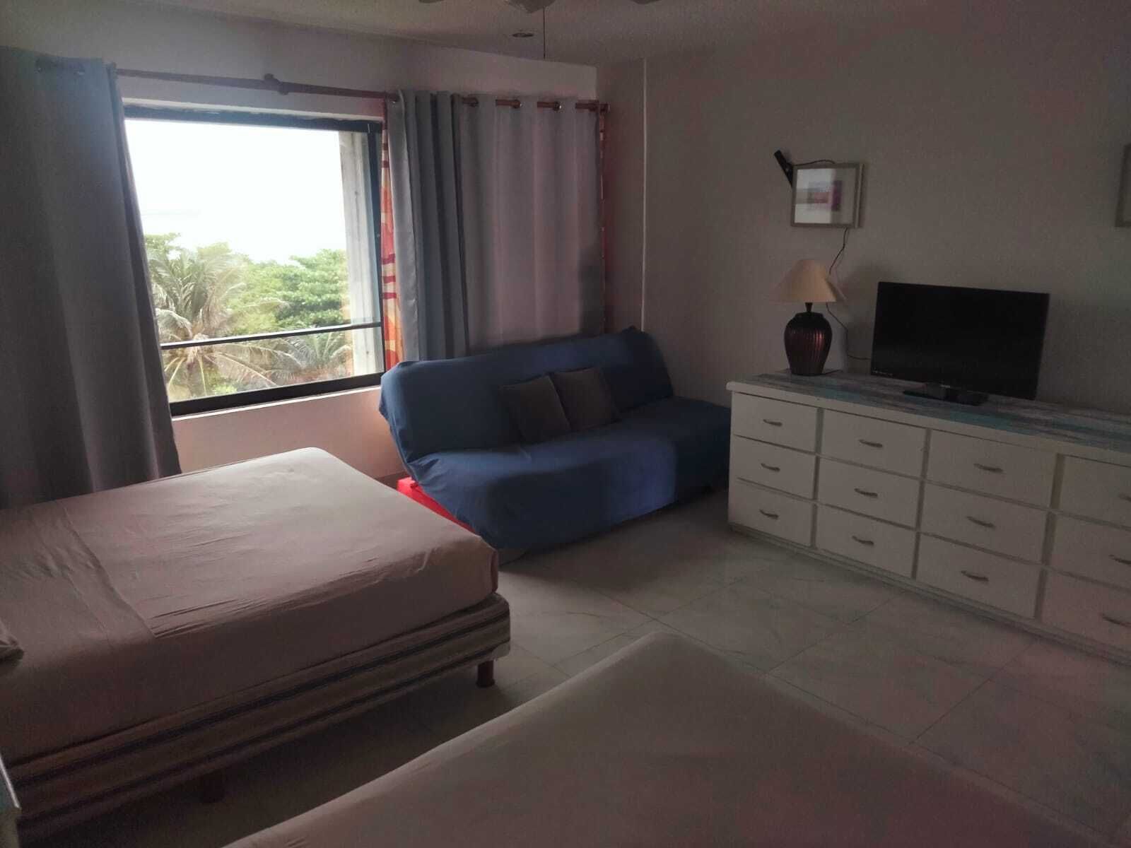 Une chambre à coucher avec un lit, un canapé, un téléviseur posé sur une commode et une fenêtre avec des rideaux.